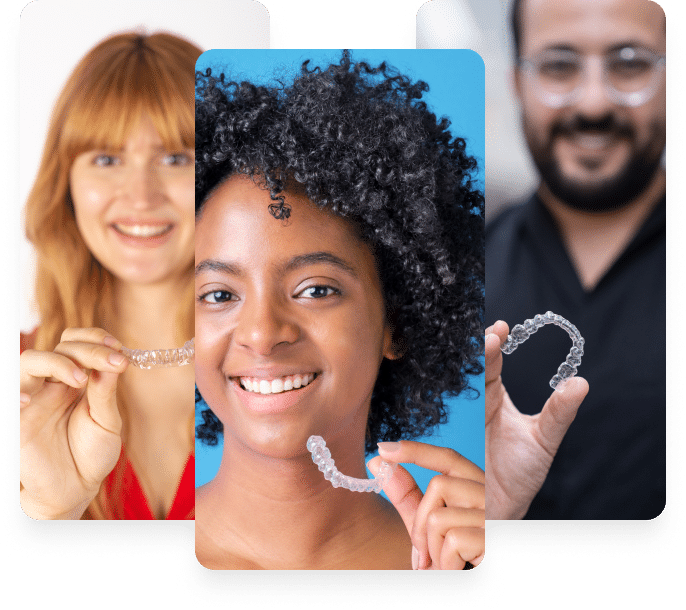 A colorful collage featuring three people holding their teeth braces, celebrating their commitment to achieving a beautiful smile