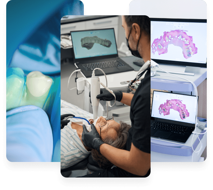 A collage featuring a dentist interacting with a patient during various dental procedures, showcasing care and professionalism