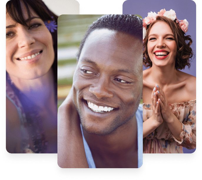 Three cheerful individuals share a laugh in front of a striking purple backdrop, capturing a moment of pure joy